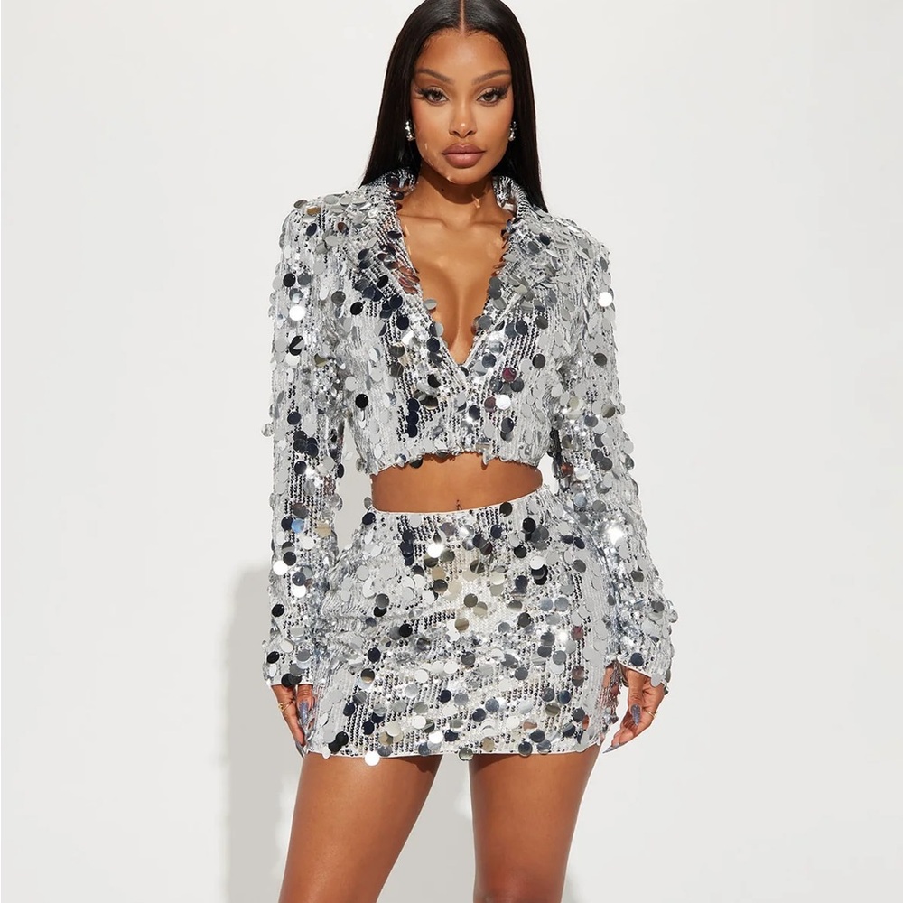 Sequin Crop Blazer & Mini Skirt Set - Silver